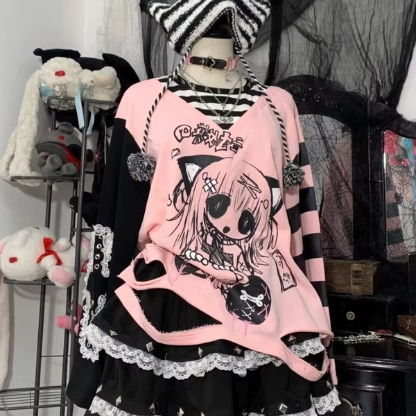 Japanese Cartoon Print Blouse Casual Loose Tshirts Patchwork Graphic T-shirts Women Y2K Streetwear Grunge Long Sleeve Tees - AliExpress 200000345