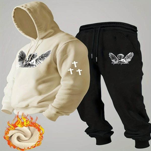 Men'S Y2K Streetwear Hoodie & Sweatpants Set - with Angel & Cross Print, Fleece-Lined Winter Warmth, Pockets, Casual Streetwear Outfit, Winter Clothing | Trendy Streetwear | Fleece Lined Hoodie