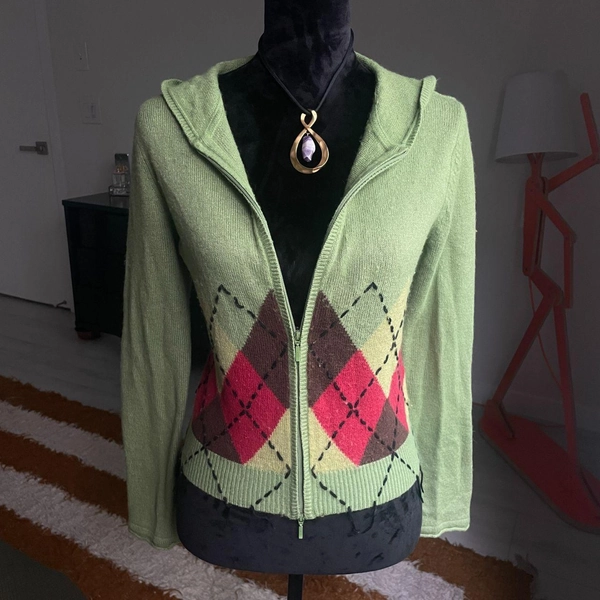 y2k Green Argyle Preppy Hoodie Double Zipper Sweater...