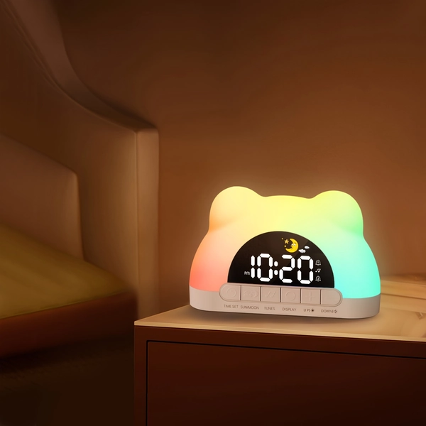 1pc Cute Bear Shaped Wake Up Light Alarm Clock with Colorful Dynamic RGB Night Light/Color Adjustable, Dual Alarms, Snooze, Ideal Present for Birthday & School Opening, Digital Clock for Bedroom Decor-White. (USB Power Supply)