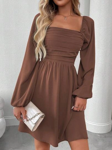 EMERY ROSE Women Square Neck Long Sleeve Ruched Simple Casual Short Dress Fall Cloth For Women