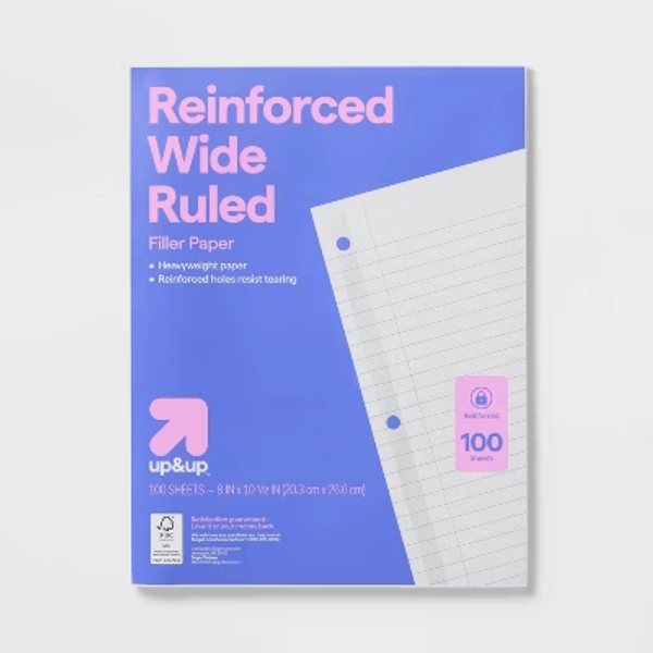 100ct Wide Ruled Reinforced Notebook Filler Paper - up&up™: 10.5x8 Inches, Loose Leaf, 20 lb, White, 100 Sheets
