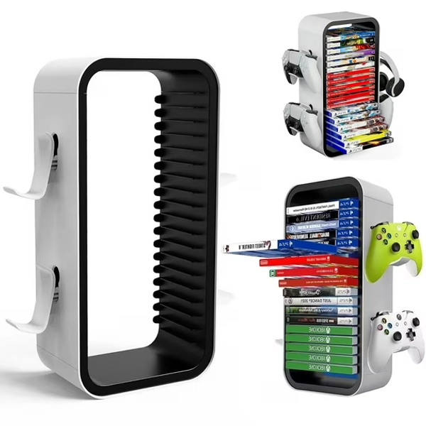 Video Game Storage Tower, Universal DVD Holder Shelf Rack Stand Vertical Organizer 18 Disks and 4 Controllers for PS4, PS5, Xbox One, Xbox Series X/S