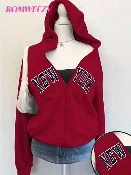 Autumn/Winter Girls' Hooded Zip-Up Jacket With English Print - Contrast Letter Print Mix Street Style, Warm Knit Fabric Suitable For Autumn/Winter, Slightly Oversized Fit Allows Room For Growth, Energetic Campus & Street Style!