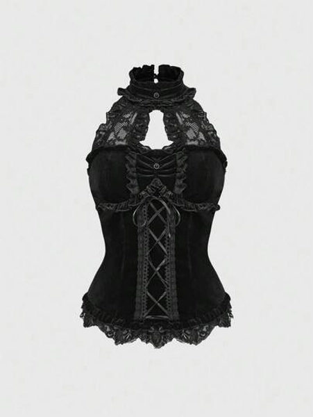 ROMWE Fairycore Goth Elegant Stand Collar Velvet & Lace Patchwork Tie-Up Waist Women Camisole