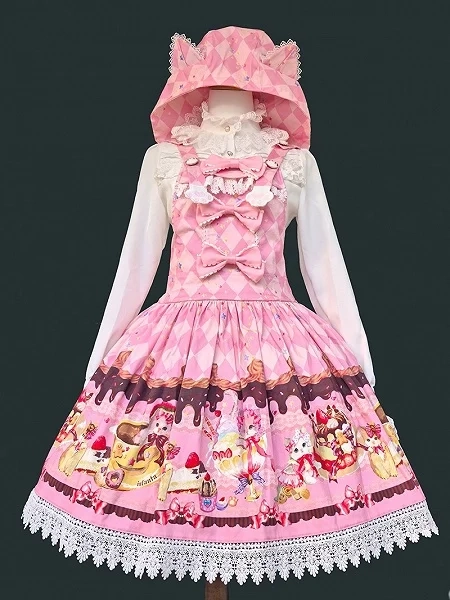 [£65.69]Pink Diamond Pattern Sweet Lolita Overall Dress with Dessert Print and Cat Ear Hood