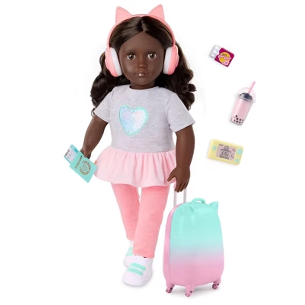 Our Generation Kezia 18" Doll with Luggage and Travel Accessories Set: Wavy Dark Brown Hair, No Articulation