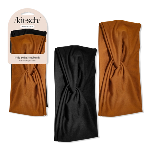 Recycled Fabric Wide Twist Headbands 2pc Set - Black & Camel