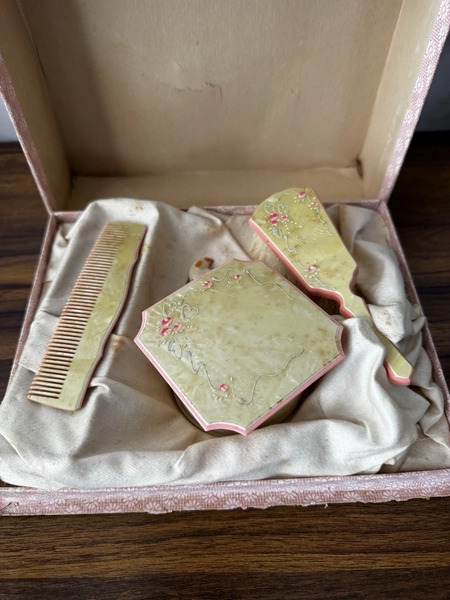 Vintage Baby Nursery Dresser Set Comb Brush Powder Box Duck Pins Original Box