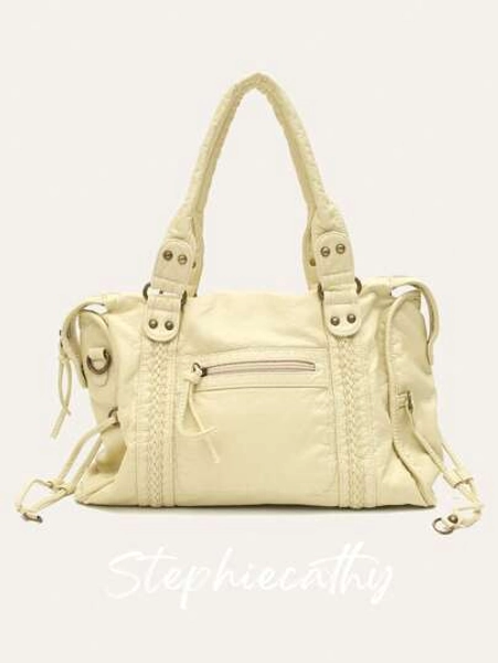 STEPHIECATHY Women's Fashionable Casual Cool Street Style Soft Washed PU Vegan Leather Zipper Closure Zip Pockets Braid Decor Large Capacity Fits 13' Laptop Tote Adjustable Long Strap Cross Body Shoulder Bag Daily College Commute Travel Versatile Spring Summer