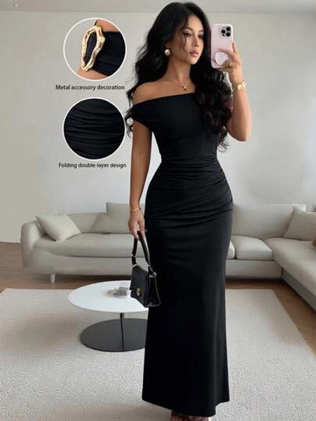 Rafferiza Elegant Ruched Off-Shoulder Metallic Accent Fitted Party Dress For Women