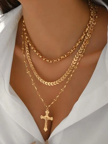 3pcs/Set Vintage Fashionable Gold Tone Necklace Chain With Cross Pendant, Handmade Layered Or Standalone Necklace Jewelry For Women, Suitable For Daily Wear, Parties, Music Festivals