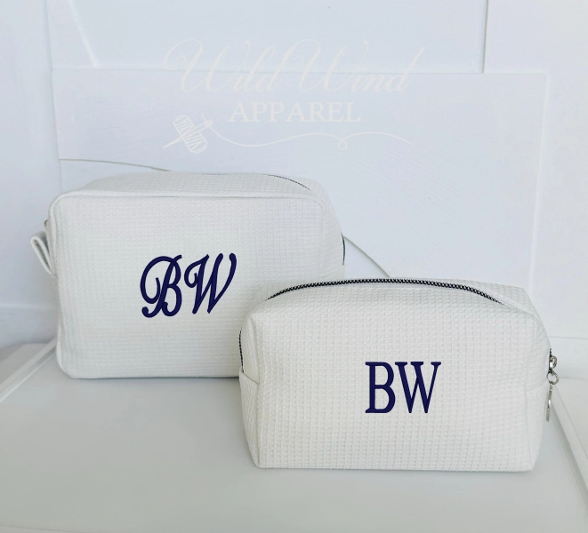 Monogram Waffle Cosmetic Bag, Embroidered Initials Toiletry Bag