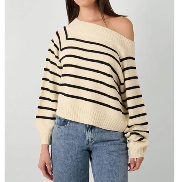 Black x Antique White Off Shoulder Sweater