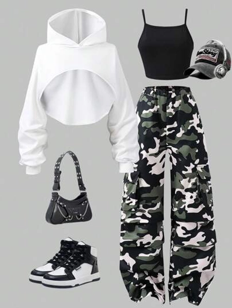 SHEIN ChillGRL 2pcs Teen Girl Streetwear Outfit Set: Cropped Hooded Sweatshirt With Camo Multi-Pocket Cargo Pants