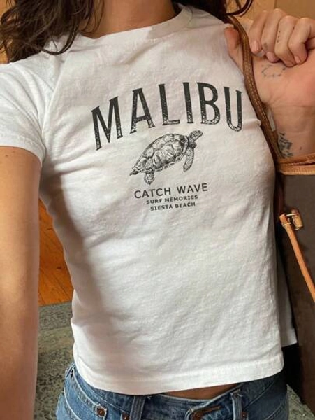 INAWLY Y2K Turtle Slogan Printed Women's Baby T-Shirt MALIBU CATCH WAVE SURF MEMORIES SIESTA BEACH Graphic Tees Women Tops