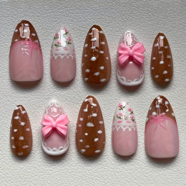 10pcs Traditional Handmade Almond-Shaped Nail Art Set: Elegant, Lightweight 3D Pink Bow and Romantic Rose with Cute Dots - Perfect for All Women and s' Daily Wear