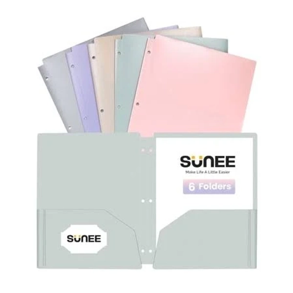 Sunee 3 Hole Pocket Folders 6 Pack Pastel Color