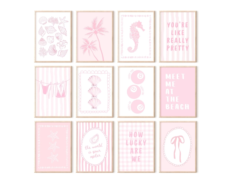 Pink Beach Prints Set of 12: Preppy Coastal Wall Art Posters (Instant Digital Download)