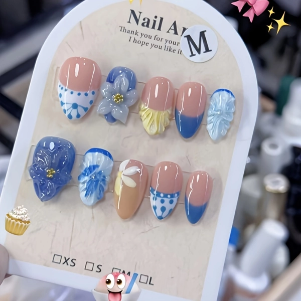 10pcs Set of Pure Handmade Wearable Nails Full Coverage Reusable Blue Pink Almond French Shell 3D Embossed Fashion Manicure