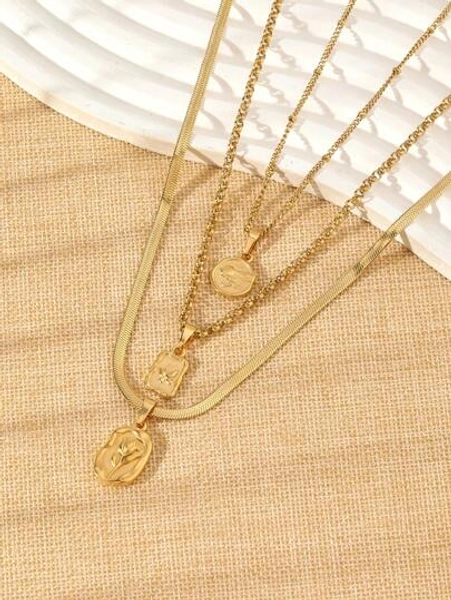 3pcs Fashion Delicate Stainless Steel Flower Butterfly Rabbit Engraved Decoration Women'S Layered Necklace Set Suitable For Daily Use With Gold Prom Jewelry Necklace Valentines,Mom,Mother,Mother's Day,Gift