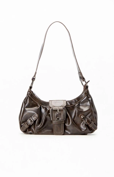 Brown Faux Leather Front Buckle Shoulder Bag