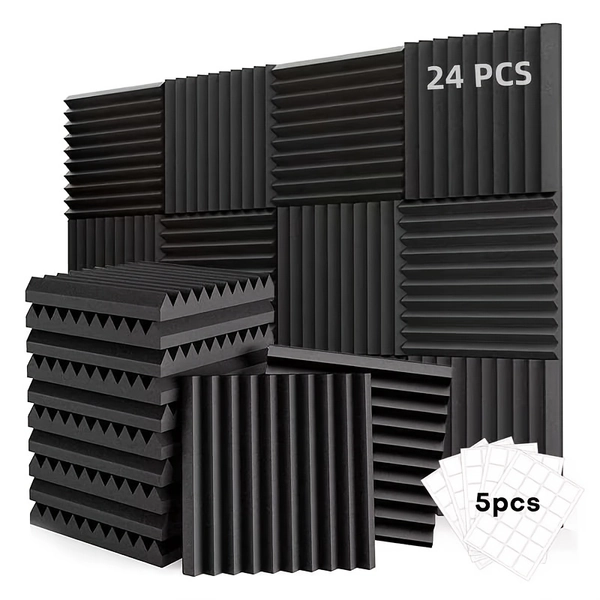 24 high-density black foam soundproof panels with free double-sided tape, 12x12x1 inch flame retardant acoustic soundproof wall panels, noise reduction, fast recovery, perfect for home offices, studios, conference rooms, music rooms and theaters
