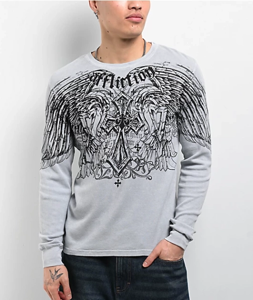 Affliction Dark Attack Silver Lava Wash Thermal Long Sleeve T-Shirt
