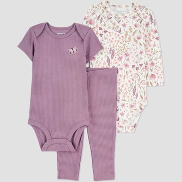 Carter's Just One You® Baby Girls' 3pc Floral Bodysuit Set - Purple 9M