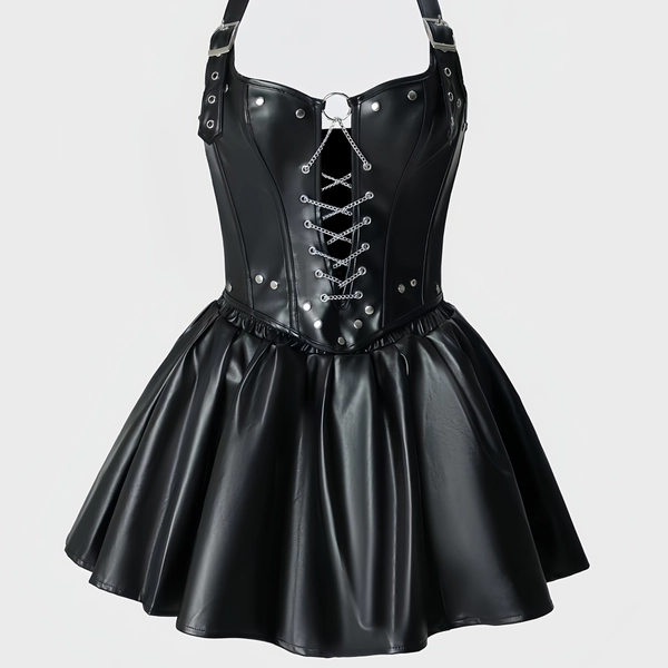 A Y2K Outfit Featuring a Black Bodysuit And a Pleated Skirt, with a Sexy Front Cutout And a Central Metal Chain, Its Allure Comes from The Crisscross Chains, Designed for Women'S Fashion