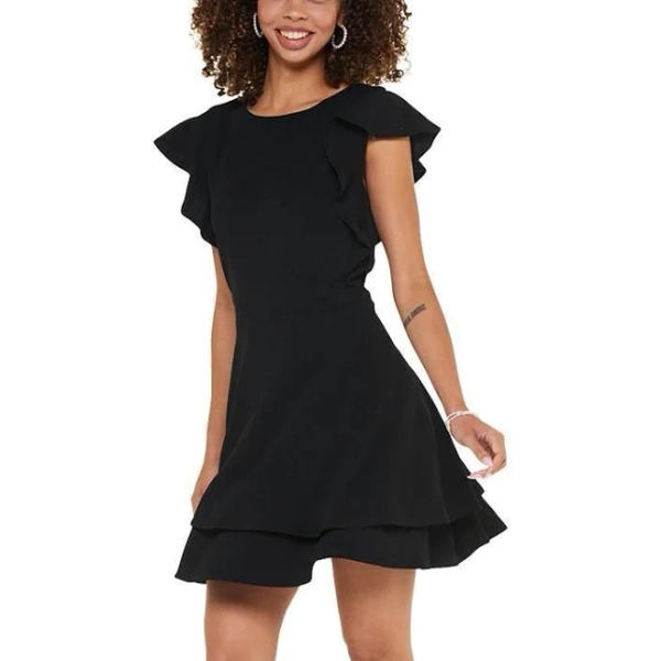 Midnight Doll Flutter Sleeve Double-Hem Fit Flare Dress