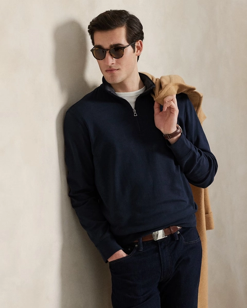 Men's L Dark Grey Heather Luxury Jersey Quarter-Zip Pullover | Ralph Lauren