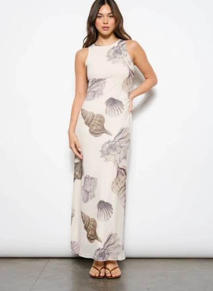 Delilah Shell Print Mesh Maxi Dress