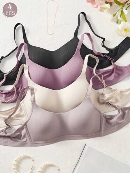 4PCS Women's Comfortable Sleeping Multicolour Casual Stripe Wireless Soft Cup Solid Bralette Lingerie Underwear Bra