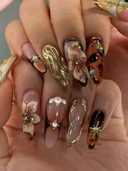 24Pcs Long Almond 3D Gelnails Makes Flower Nails Design French Tip Press On Nails Medium Three-Dimensional Alloy Cross Decoration With Pearl Design Fit Perfectly Acrylic False Nails Set,Include: 1Pc Jelly Glue And 1Pc Nail File, French Almond Tip Nails For Woman Girl Daily Work Festivals Party Use Nail Supplies Nails