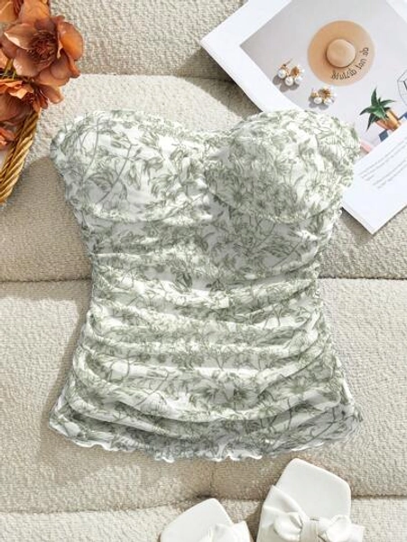 SHEIN VCAY Casual Knit Mesh Printed Fitted Tube Top For Women,Rave Top,Vacation Outfits For Women,Vacation Outfits Woman,Summer Outfits For Women,Cute Summer Top