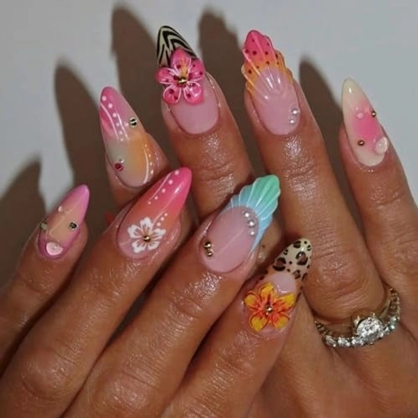 Gradient Press on Nails Medium Fake Nails 3D Flower Water Droplet Designs Fake Nails Almond Acrylic Nails French False Nails Cute Full Cover Glossy Stick on Nails for Women Manicure Decoration 24 Pcs