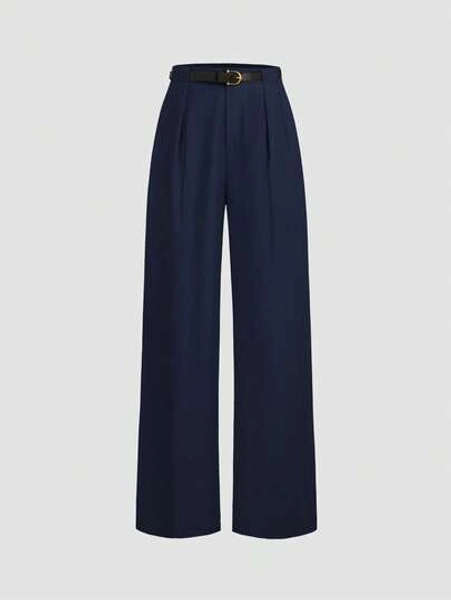 Pantalon droit de taille mi-haute de couleur unie élégant avec ceinture