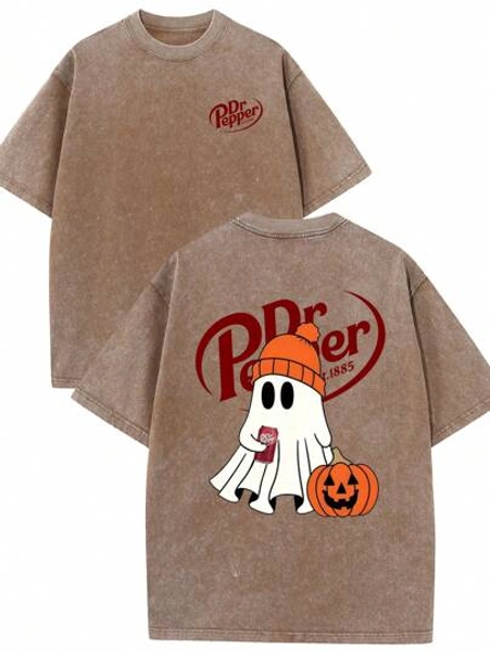 Dr. Pepper Ghost Cute Pumpkin Halloween Double-Sided T-Shirt, Dr. Pepper Men And Women T-Shirt, Halloween Pumpkin T-Shirt, Boutique 230g Washed Batik Retro Thick Cotton T-Shirt, Couple Fashion Casual Exquisite Cotton T-Shirt