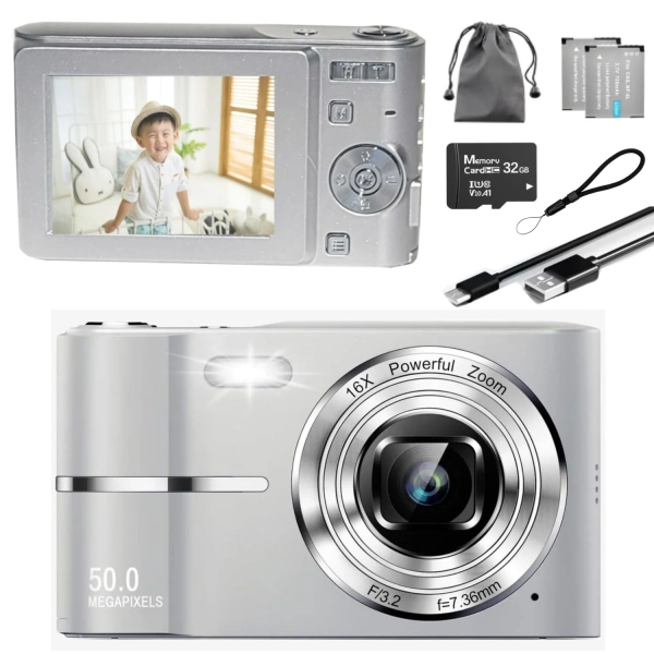 MAKATA Compact Digital Camera 50MP 16X Zoom HD 1080P - Point and Shoot Digital Camera 32GB Two Batteries - Kids Camera for Boys Girls Toddler Kids Students Beginners - Birthday  Holiday Gift (SILVER)