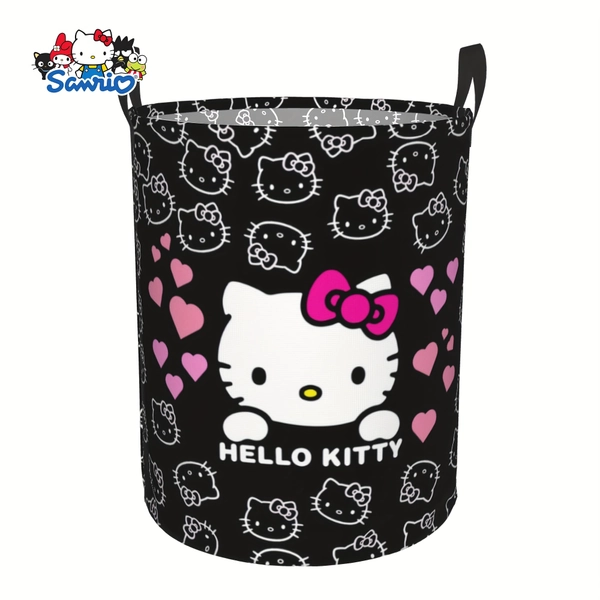 [Cute Laundry Basket] Portable Hello Kitty Laundry Hamper | Collapsible Storage Bin with Sturdy Handles, Durable Oxford Fabric, Black with Playful Pink Hearts Design, Ideal for Bedroom & Bathroom Organization