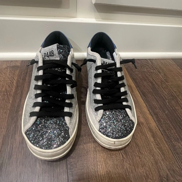 P448 John Low Top Silver Glitter Sneakers with Black &amp; Blue Accents