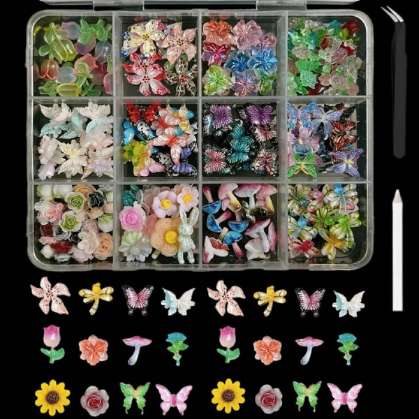 A Box of Fresh And Sweet Tulip-Themed Dreamy Butterfly Mixed Nail Art Additions for Spring Flower Materials
