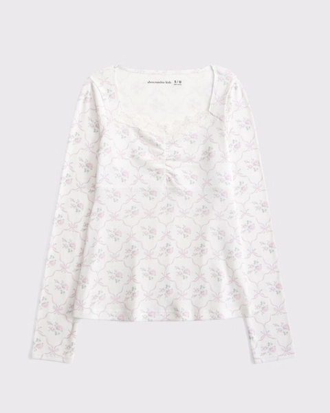 long-sleeve lace-trim babydoll top