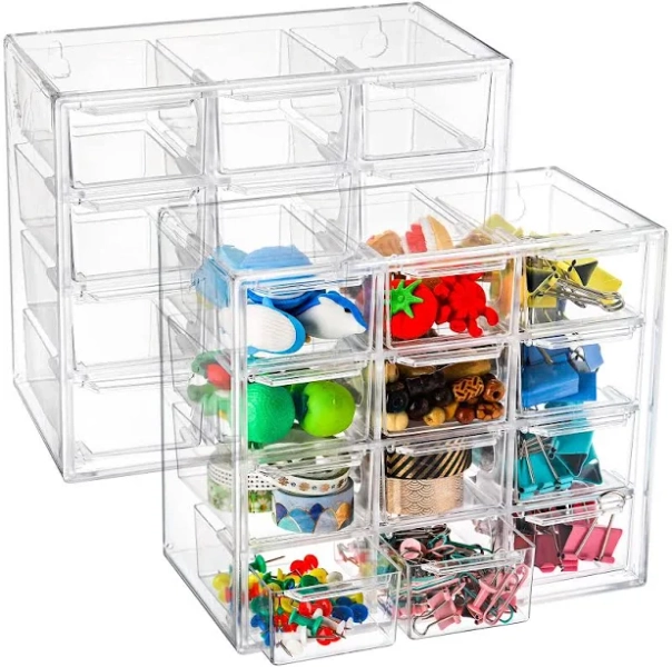 YOUEON 2 Pack Mini Desk Organizer with 12 Removable Drawers, Clear Plastic Desktop Drawer Organizer, Desk Craft Storage Box for DIY Crafts, Art Supply