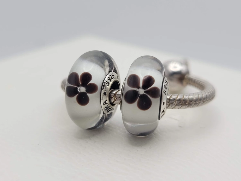 New Set Of 2 Charms Black Cherry Blossom Glass Murano / Charm for Pandora bracelet / s925 Sterling Silver / Velvet Gift Pouch