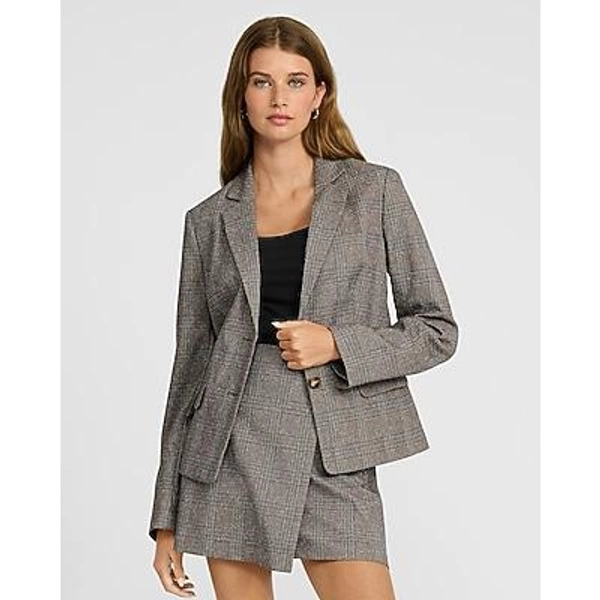 Express Women's Editor Fitted Plaid Two Button Cropped Business Blazer in Medium