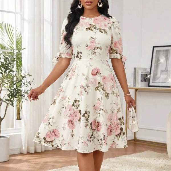 SHEIN Women's Floral Print Waist Cinched Slim Fit Puff Sleeve Cocktail Dress