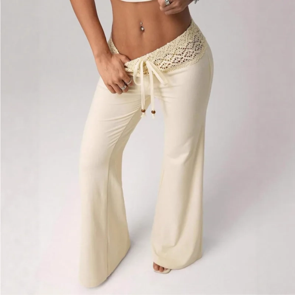 Women Elastic Waist Lace Slightly Flared Casual Pants Slim-fit Strap Up High Waist Bell-bottom Solid Color Comfort Splice Pants - AliExpress 200000345