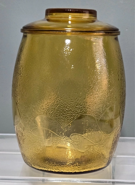Vintage Bartlett Collins AMBER Glass Mushroom Cookie Jar w/Lid Kitchen Canister